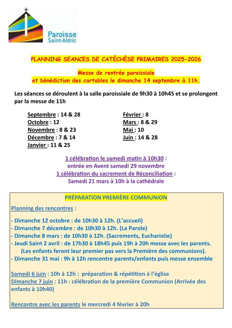 PLANNING SEANCES DE CATÉCHÈSE PRIMAIRES 2025 2026